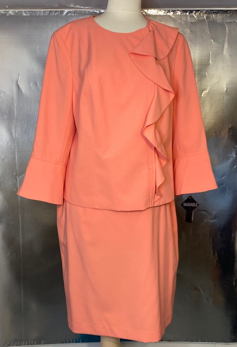 Emily 2PC Coral Polyester Skirt Suit Ruffles 16W